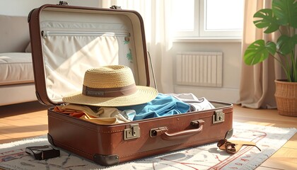 An open, vintage suitcase rests on a map-printed rug, filled with clothes and a straw hat. Natural light streams in, illuminating the scene