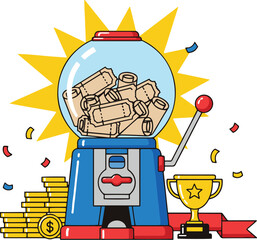 A colorful flat line vector illustration of a gumball machine converted into a raffle or prize drawing machine.