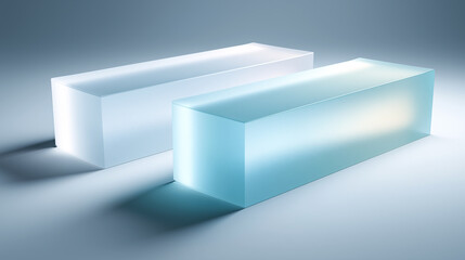Minimalist translucent prisms on a smooth surface with soft lighting and frosted texture, ideal for design, tech, or product concept visuals with modern glow and shadow effects.
