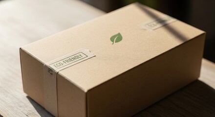 Eco friendly cardboard box with leaf logo on wooden surface