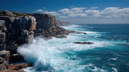 A dramatic coastline features rugged cliffs and crashing waves under a bright blue sky, showcasing the beauty of nature and coastal scenery.