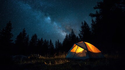A tent illuminated under a starry night sky, surrounded by trees, showcasing the beauty of nature and outdoor camping.