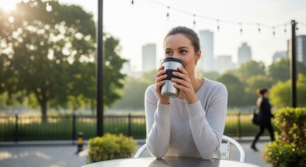 Woman enjoys coffee outdoors with city skyline in background