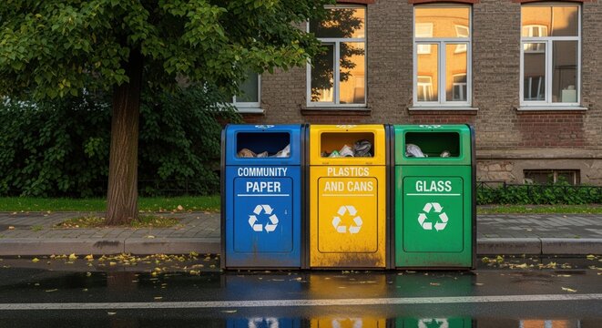 Three recycling bins for paper plastic and glass outside near tree