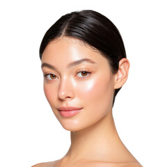 Fototapeta premium Portrait of a young woman with glowing skin and minimal makeup on a clean white background showcasing natural beauty and confidence.