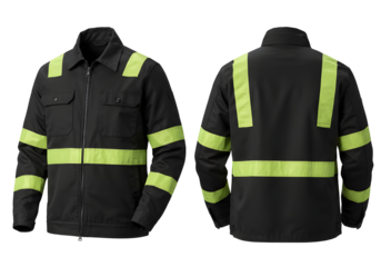 Black safety jacket with fluorescent yellow reflective stripes, front and back view, isolated on transparent background, ideal for industrial and protective workwear.