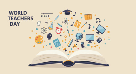 A vibrant flat design illustration symbolizing the vastness and diversity of knowledge that teachers impart, with various subject elements emerging from an open book.