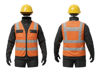 Construction safety uniform with orange reflective vest, black jacket, and yellow hard hat, front and back view, isolated on transparent background.