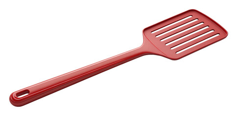 3D Rendering of Red Plastic Kitchen Spatula Isolated on Transparent Background
Realistic Red Slotted Spatula with Long Handle, 3D Illustration