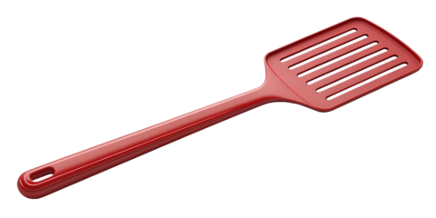 3D Rendering of Red Plastic Kitchen Spatula Isolated on Transparent Background
Realistic Red Slotted Spatula with Long Handle, 3D Illustration