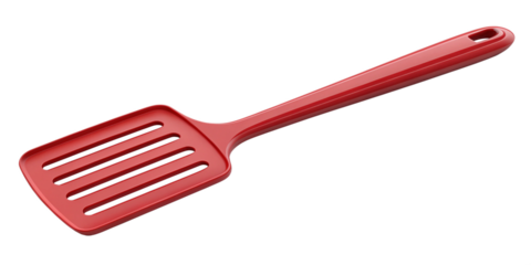 3D Rendering of Red Plastic Kitchen Spatula Isolated on Transparent Background
Realistic Red Slotted Spatula with Long Handle, 3D Illustration