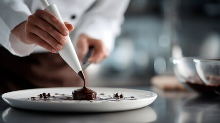 Obraz premium Chef using piping bag to decorate chocolate dessert, white plate and elegant background with copy space 