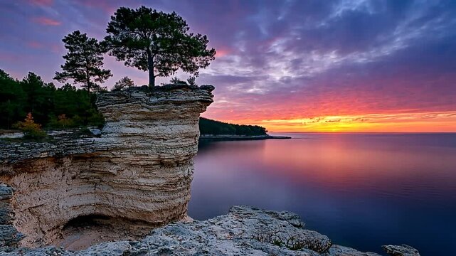 Serene landscape lone tree atop textured limestone cliff with vibrant hues of sunset reflecting on calm sea for nature and travel content concept