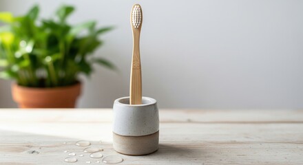 Wooden toothbrush in holder with plant on wooden surface