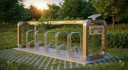 Eco cycle hub with bike racks in a park on a sunny day