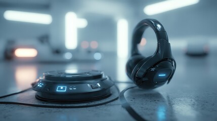 Futuristic headset and charging base with blue lights technology audio