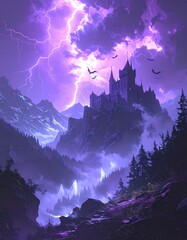 Majestic Castle Perched atop a Mountainous Peak During a Violet Storm with Eerie Ghosts and Soaring Bats