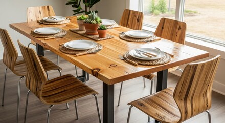 A light wood dining table set with plates and woven placemats