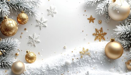 Elegant Christmas Still Life with Golden Ornaments and Snowy Branches A Festive Holiday Composition