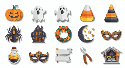 Fototapeta premium Comprehensive Halloween Festival Icon Collection with Spooky Decorations, Sweet Treats, and Festive Masquerade Elements for Holiday Designs