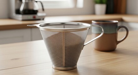 A metal coffee filter with grounds sitting on a wood table