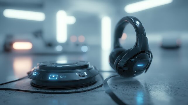 Futuristic headset and charging base with blue lights technology audio