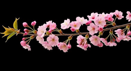 A branch of cherry blossoms against a black background view