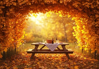 Autumn picnic under golden leaves