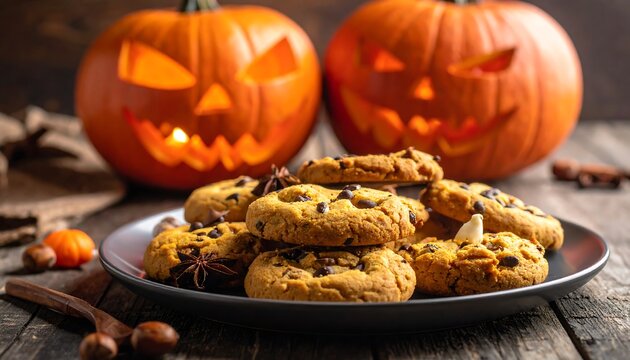 Festive Halloween scene with jack-o'-lanterns and chocolate chip cookies on a rustic wooden table. A charming holiday