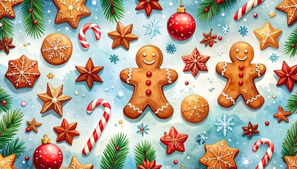 Festive Watercolor Christmas Scene Gingerbread Men, Candy Canes, and Star Cookies Abound