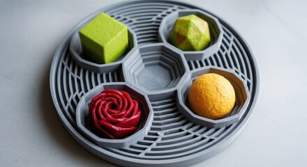 Colorful desserts on a gray circular tray with compartments