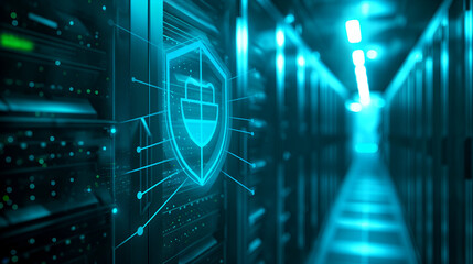 Futuristic data center corridor with glowing teal server racks and a holographic shield icon symbolizing cybersecurity