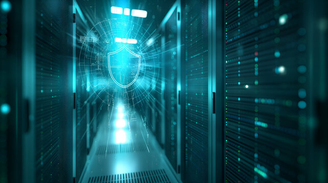 Futuristic data center corridor with glowing teal server racks and a holographic shield icon symbolizing cybersecurity