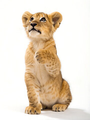 A light brown lion cub sitting upright on a white background with its paw raised in the air looking up