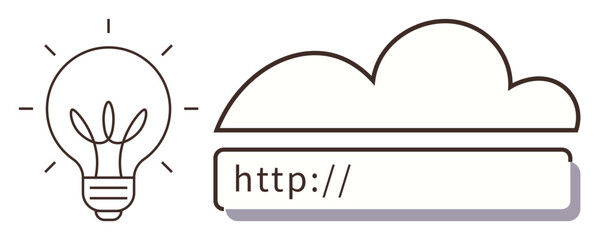 Light bulb represents innovation beside cloud with a web address bar inside, blending ideas, internet connection, and cloud computing. Ideal for technology, innovation, data sharing, creativity