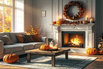 Elegant autumn living room with a fireplace, pumpkins, candles, and seasonal decor in warm interior style.