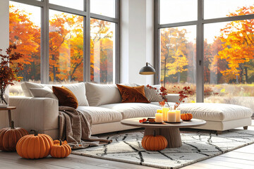 Modern autumn living room with sofa, pumpkins, and large window showing colorful fall trees outside