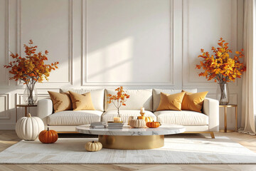 Luxury autumn living room with elegant wall decor, sofa, pumpkins, and golden leaves in glass vases