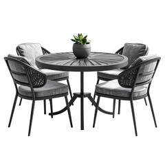 Round Metal Outdoor Dining Set with Cushioned Chairs, Angled Perspective, Transparent Background