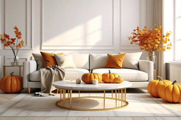 Modern autumn living room with sofa, pumpkins, and seasonal golden leaves in glass vases, creating a cozy elegant style