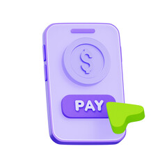 3D icon of a smartphone with a pay button and cursor For an online payment interface, mobile checkout process, one-click payment, and in-app purchases.