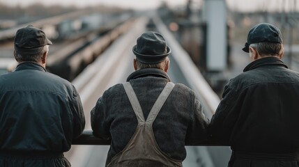 Three Men in Caps Observing Train Tracks at Sunset with Soft Lighting and Warm Tones in a Rural Setting, Capturing a Sense of Reflection and Nostalgia