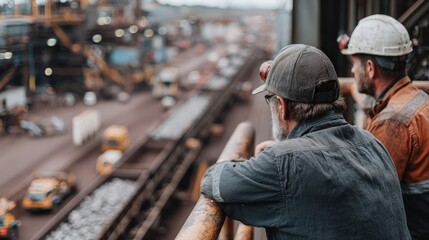 Men Observing Industrial Operations at a Mining Facility with Heavy Machinery and Trucks in Background, Capturing the Essence of Hard Work and Determination