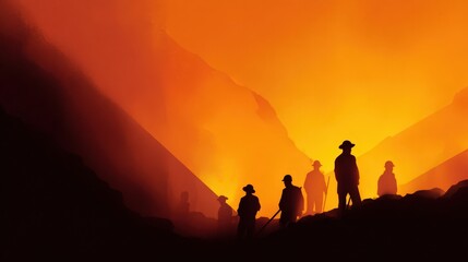 Dramatic Silhouette of Firefighters at Sunset with Fiery Background Evoking Danger and Valor in Nature's Blaze