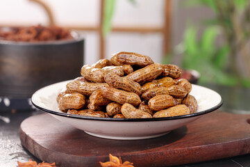 Boiled Peanuts in Brine - Traditional Spiced Snack Food on Wooden Serving Board