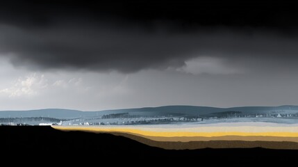 Serene Landscape with Dark Clouds Over Rolling Hills and Vibrant Layers of Earth Beneath a Dramatic Sky, Capturing Nature's Beauty in High Resolution