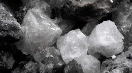 Detailed close-up view of sparkling mineral crystals surrounded by dark rocky textures showcasing the beauty of natural geological formations and textures