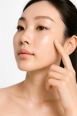 ビューティー 女性モデル ハイライターを指で頬にのせる クローズアップ 白背景 ハイキーでツヤ肌を強調したポートレート