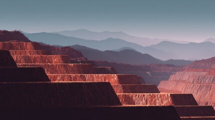 Aerial View of Terraced Landscape with Striated Earth Layers and Soft Mountain Horizon at Dusk, Captured in Stunning Detail and Clarity for  Nature Lovers