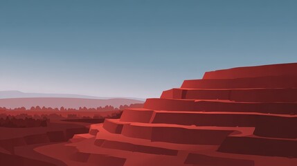 Stunning Red Layered Landscape with Serene Blue Sky in a Minimalistic Style, Perfect for Nature Enthusiasts and Digital Art Lovers